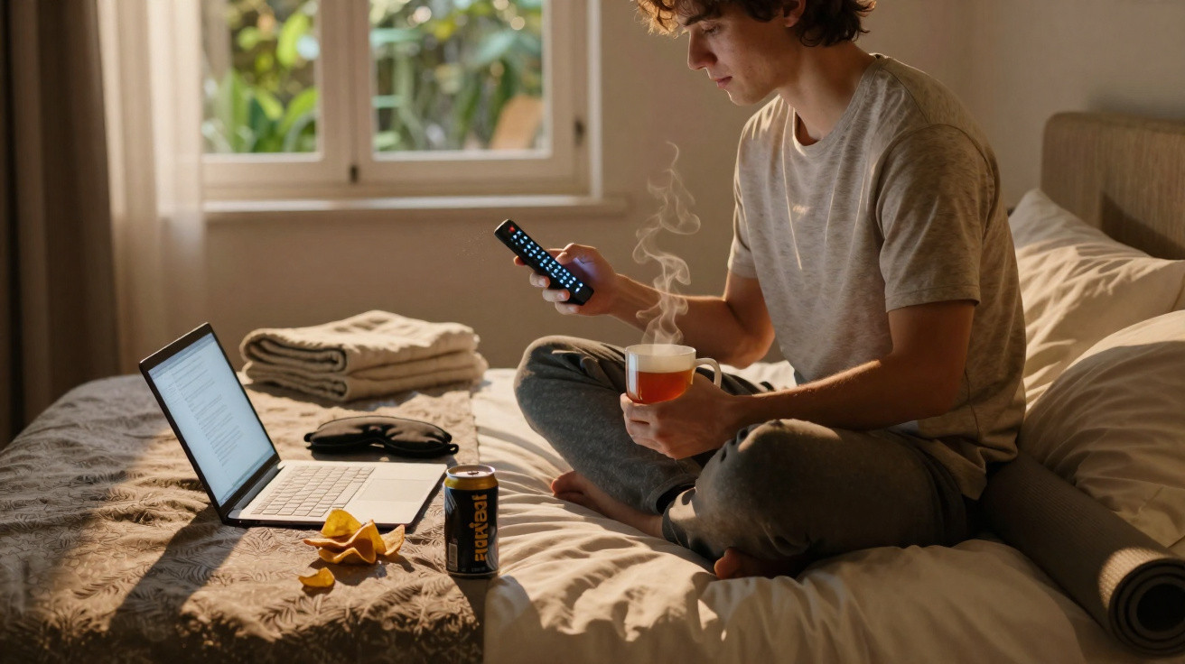 Jovem sentado na cama com chá, a usar comando, laptop aberto e snacks perto numa manhã ensolarada.