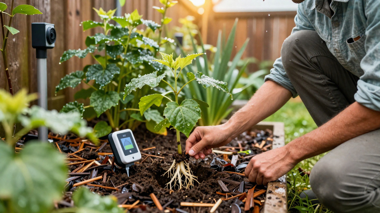 Pessoa a plantar uma muda com sensor de humidade do solo num jardim ensolarado.