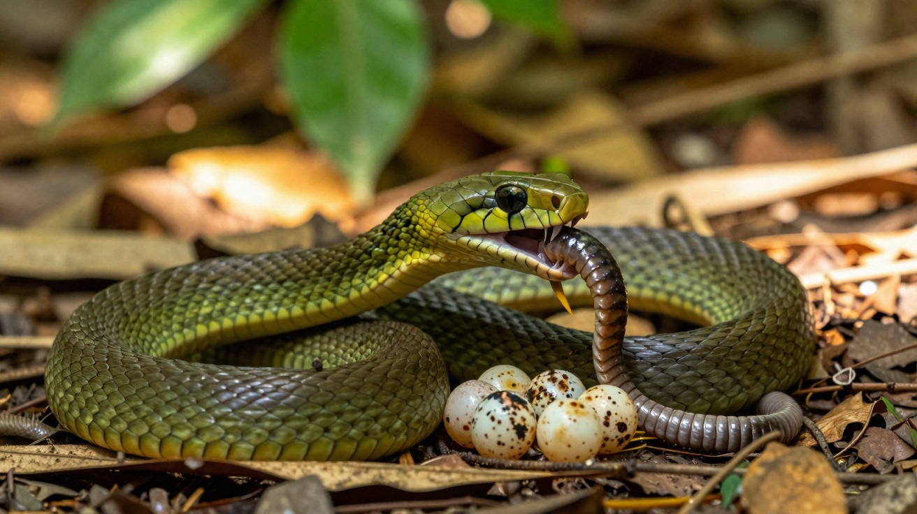Cobra verde enrolada no chão a comer uma minhoca perto de ovos brancos com manchas escuras.