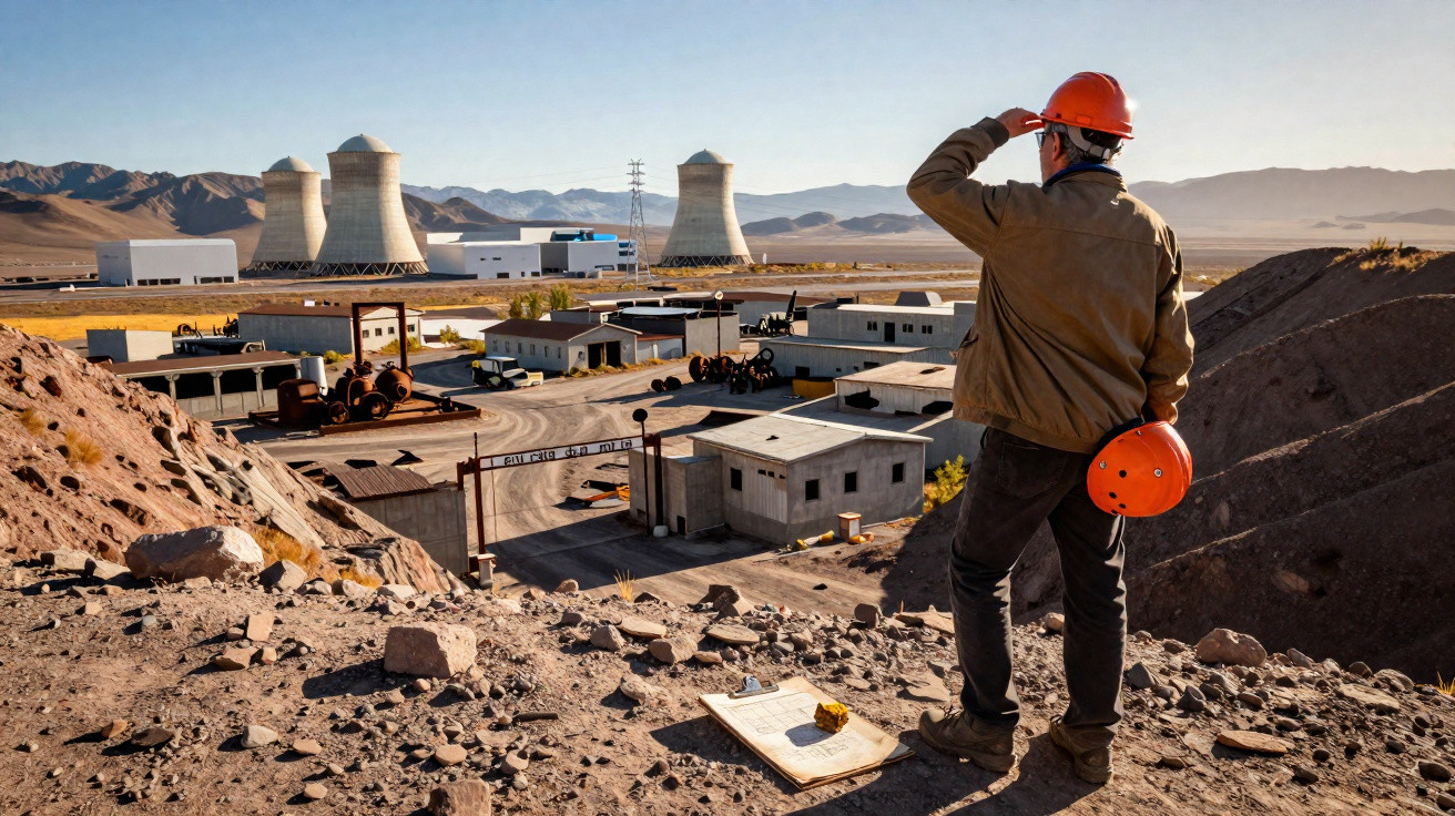 Homem com capacete e factos de trabalho observa instalação industrial numa zona árida com montanhas ao fundo.
