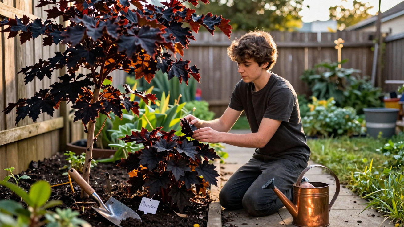 Rapaz a cuidar de planta de folhas escuras num jardim com regador e enxada ao lado.