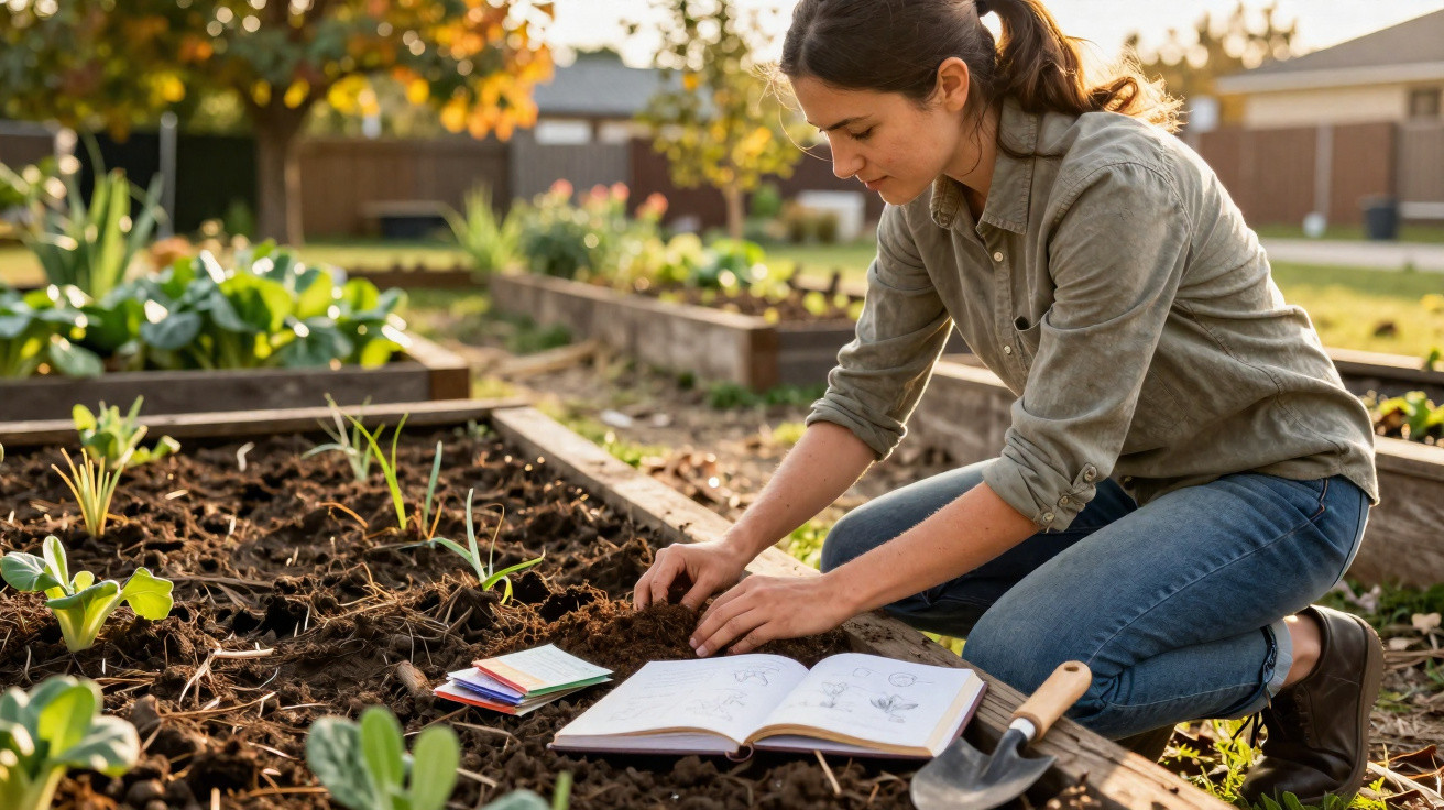 Mulher ajoelhada a cuidar de plantas numa horta com livro aberto e caderno ao lado durante o dia.