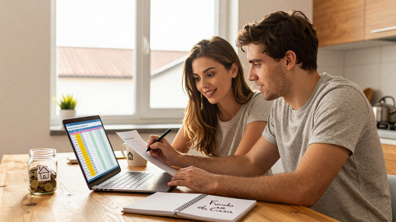 Casal jovem a analisar finanças domésticas com laptop e documentos numa mesa de cozinha.