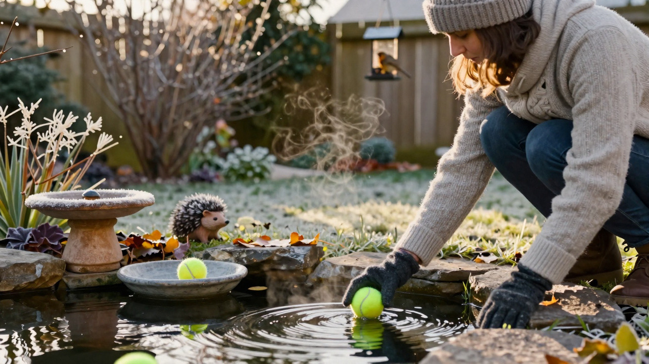 Pessoa de gorro e luvas a molhar bola de ténis num lago pequeno num jardim com decoração de ouriço.