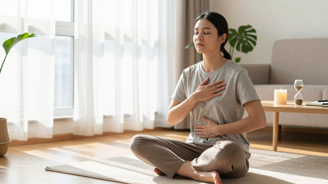 Mulher sentada no chão em posição de meditação, a praticar respiração profunda com olhos fechados.