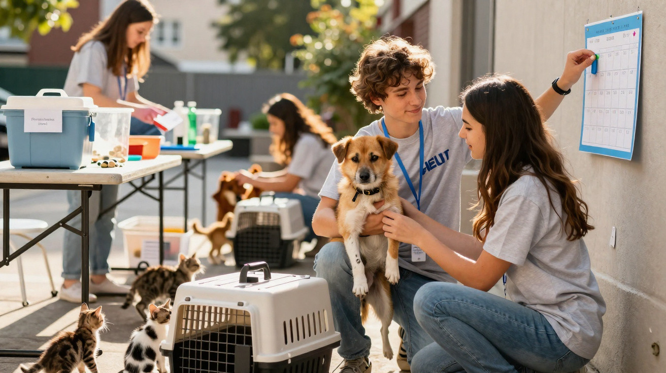 Jovens voluntários cuidam de cães e gatos num abrigo animal ao ar livre durante o dia.