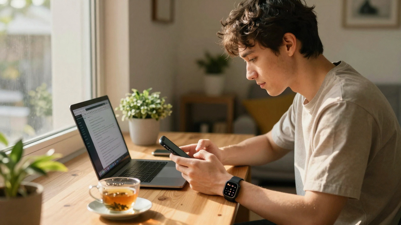 Homem jovem sentado à mesa junto à janela a usar telemóvel com computador portátil aberto e chá ao lado.