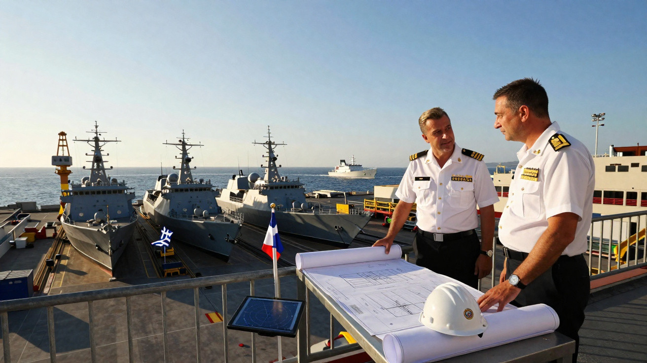 Dois oficiais navais discutem planos junto a vários navios militares ancorados num porto ao pôr do sol.