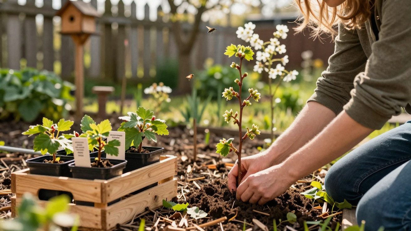 Pessoa a plantar uma muda florida num jardim ensolarado, com outras plantas ao redor e abelhas a voar.