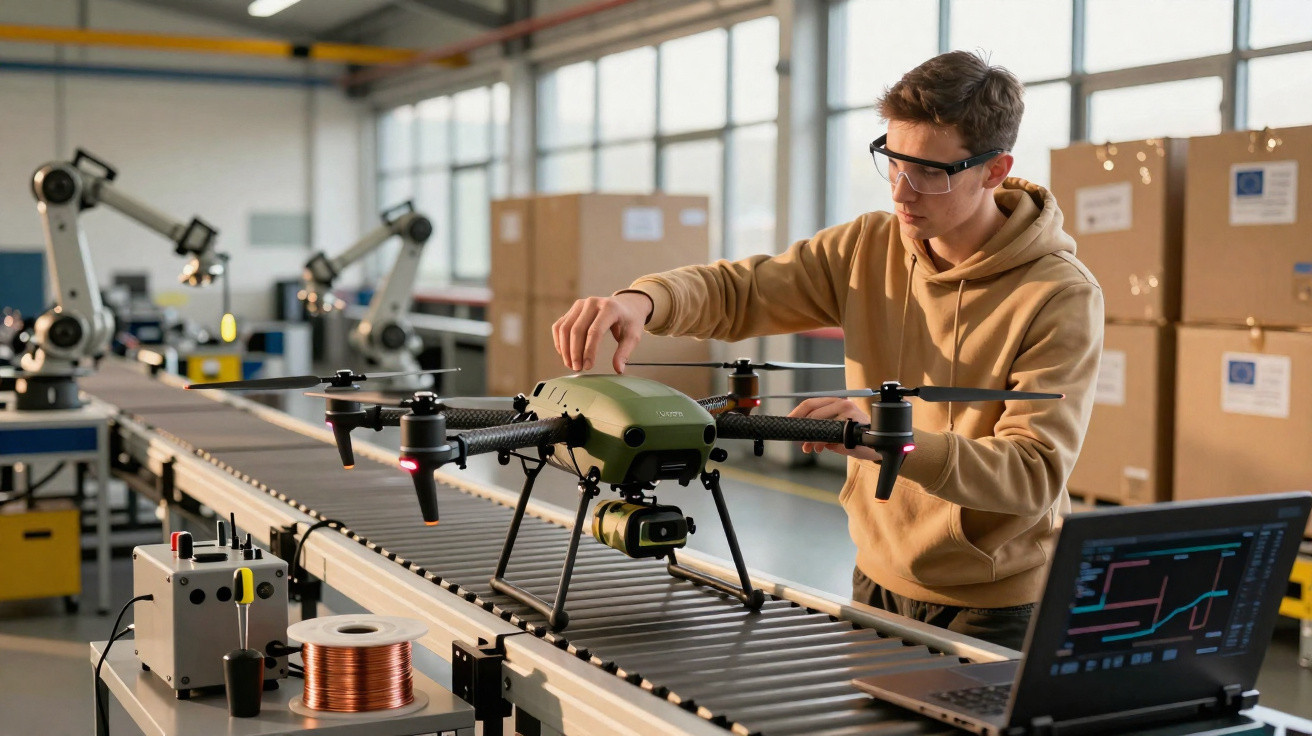 Homem com óculos de proteção ajusta drone verde numa linha de montagem industrial.