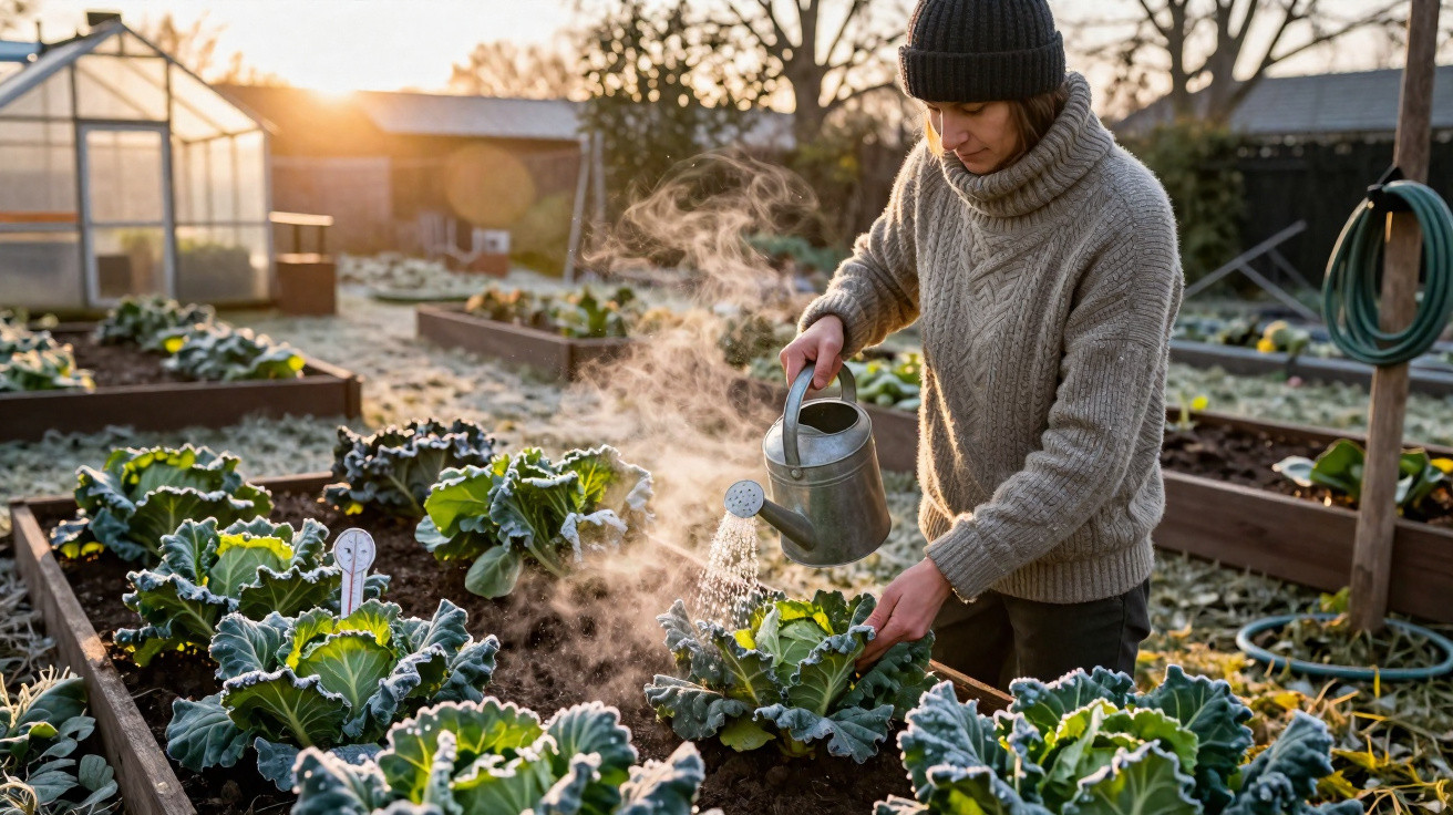 Pessoa a regar plantas numa horta em canteiros elevados durante uma manhã fria com estufa ao fundo.