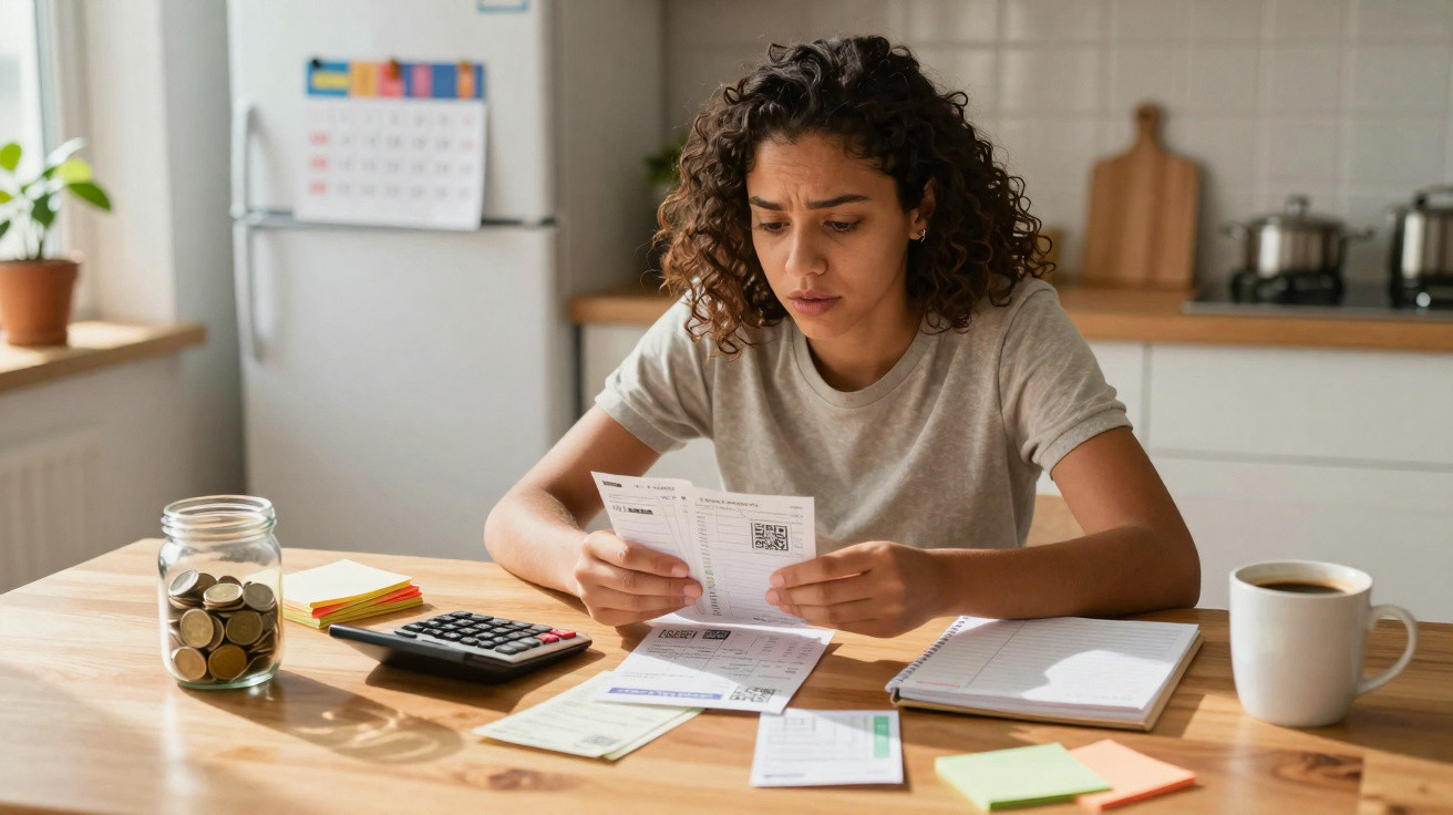 Mulher preocupada a analisar contas sentada à mesa com calculadora, caderno e jarro de moedas na cozinha.