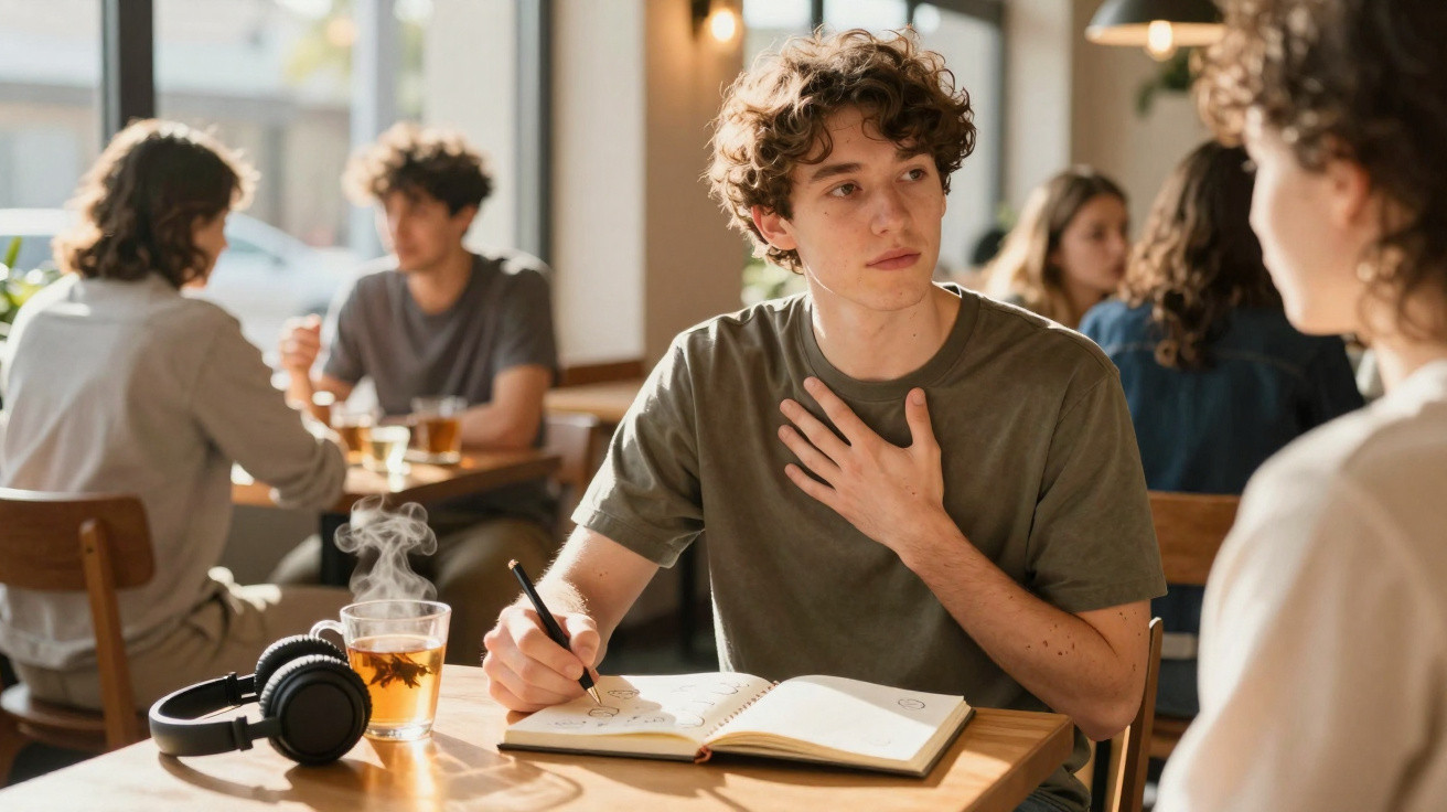 Jovem a escrever num caderno com chá quente e auscultadores numa mesa de café, conversando com outra pessoa.