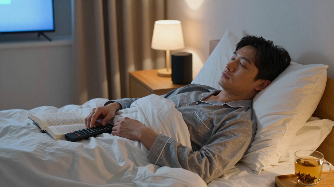 Homem a dormir na cama com pijama, controle remoto e livro ao seu lado, iluminação suave no quarto.