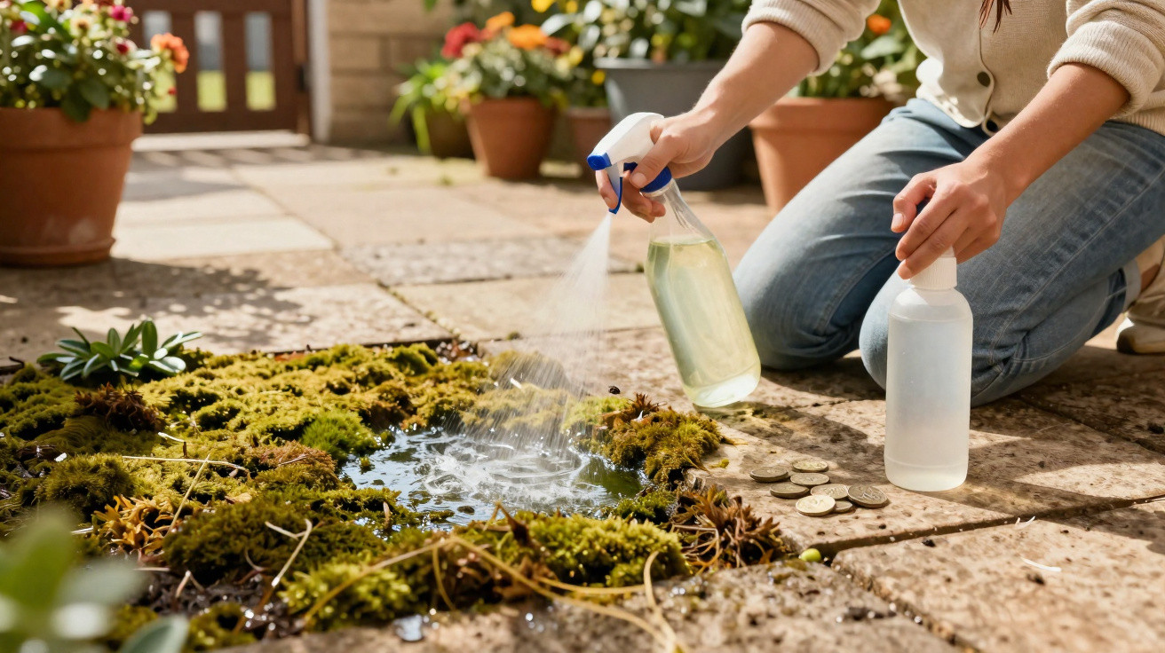 Pessoa nebulizando soluções em musgo e plantas entre ladrilhos de um jardim exterior ensolarado.