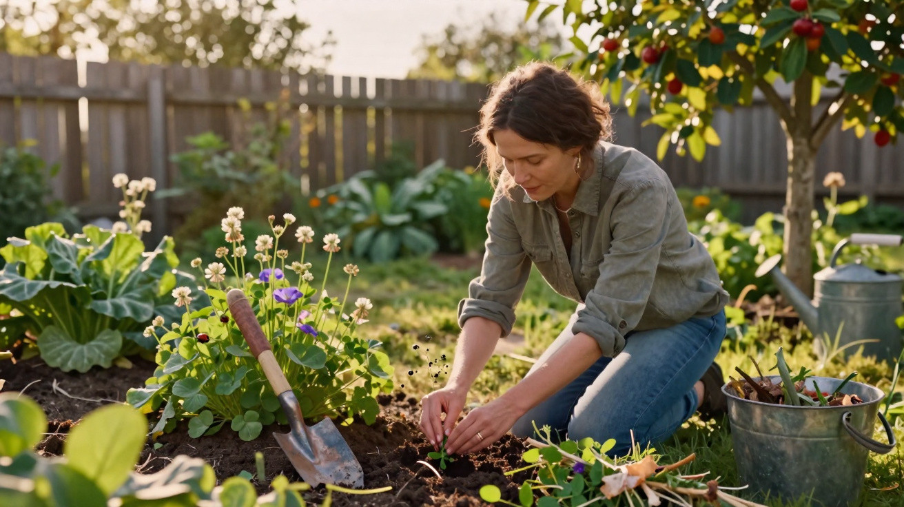 Mulher a plantar mudas num jardim, rodeada de flores e ferramentas de jardinagem ao entardecer.