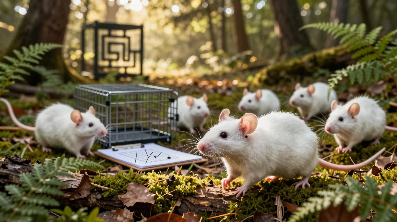 Ratos brancos num ambiente florestal junto a uma gaiola metálica aberta e papel com linhas.