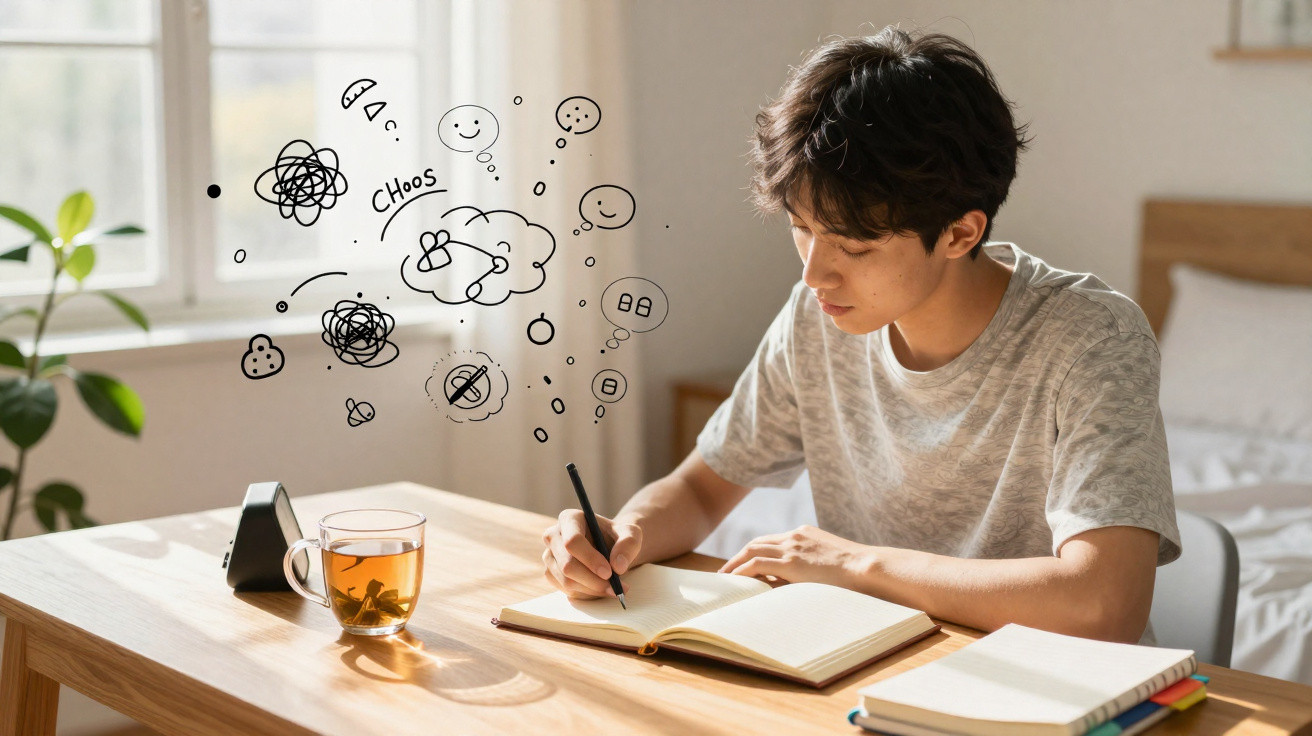 Jovem sentado a escrever num caderno, com desenhos de ideias e símbolos a flutuar à sua frente.