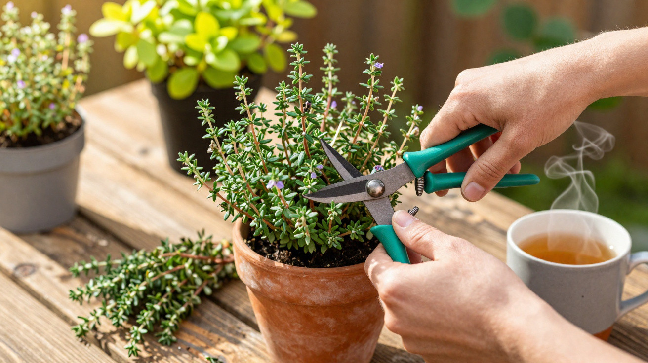 Pessoa a aparar planta aromática em vaso de barro numa mesa exterior com chá quente ao lado.