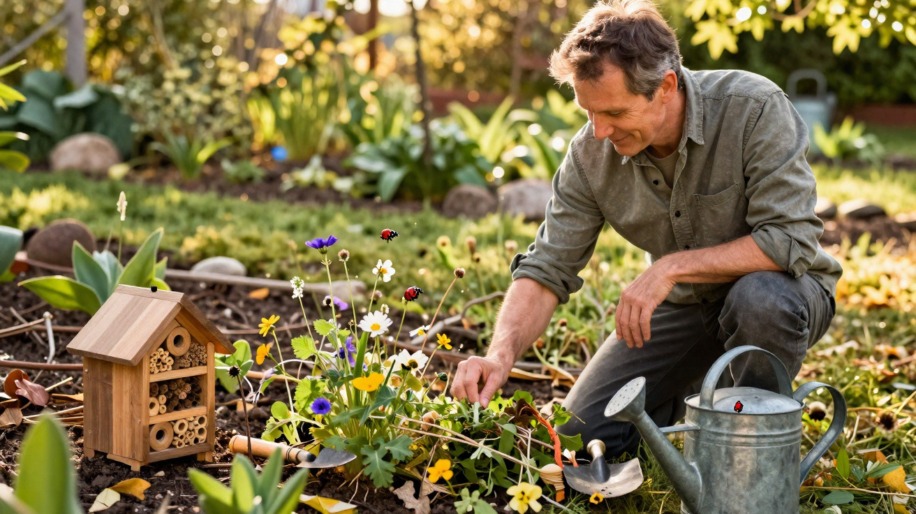 Homem a cuidar de flores num jardim com regador e casa para insetos.