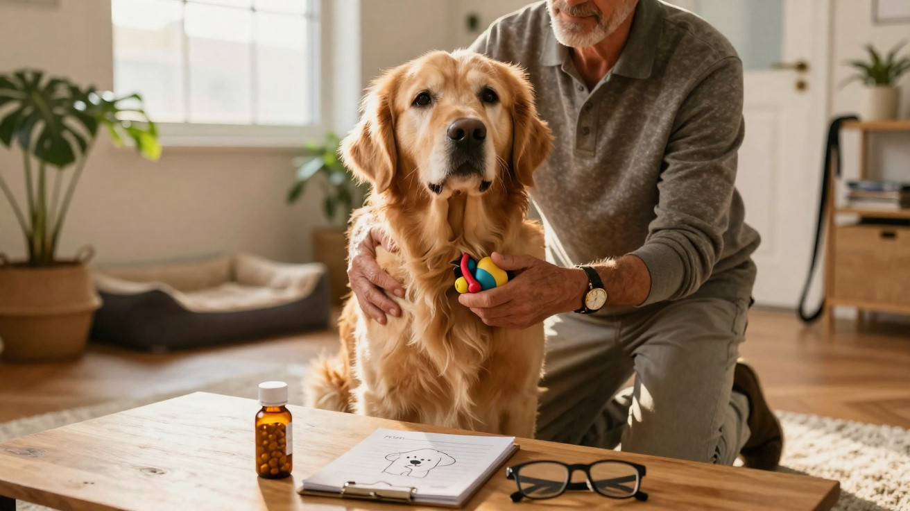 Homem com cão golden retriever segurando brinquedo colorido numa sala iluminada e acolhedora.