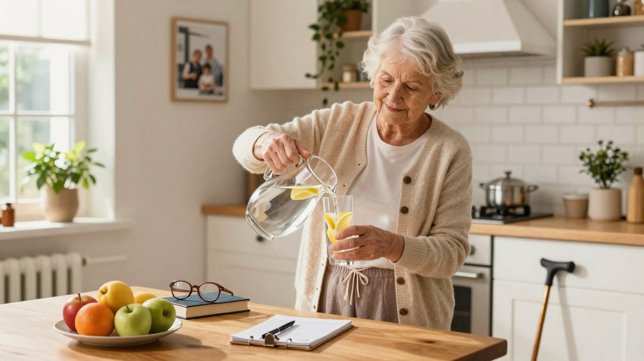 Senhora idosa a verter água com limão num copo numa cozinha moderna e iluminada.