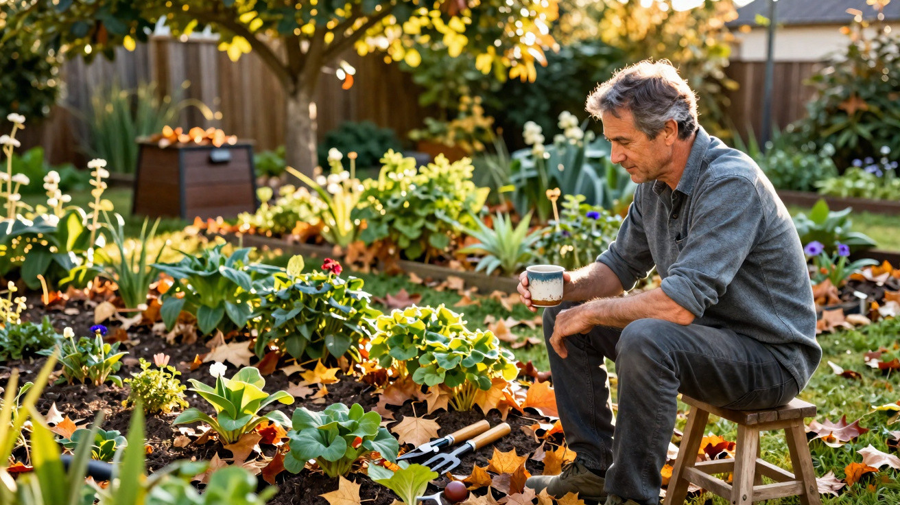 Homem sentado num banco de jardim a beber chá enquanto observa plantas e flores num canteiro.