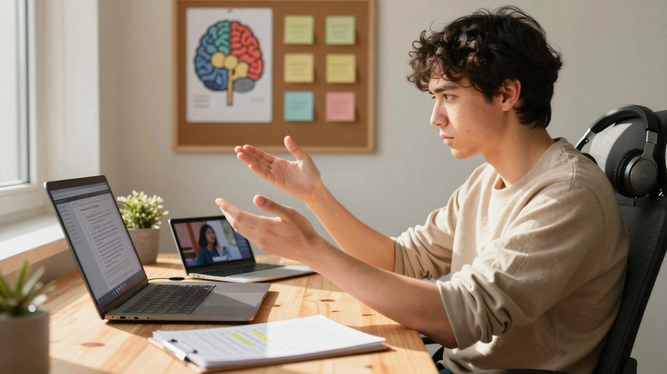 Jovem a conversar com expressão preocupada durante videoconferência, sentado à secretária com laptop e cadernos.