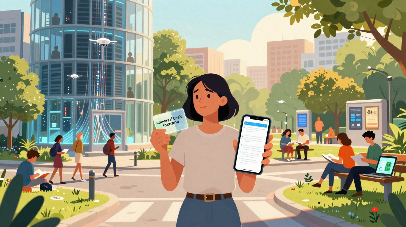 Pessoa em zona urbana segura cartão "rendimento básico universal" e telemóvel com informação digital.