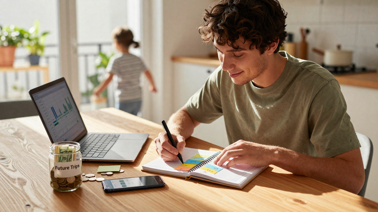 Homem a trabalhar com laptop e caderno numa mesa, criança ao fundo na cozinha iluminada.