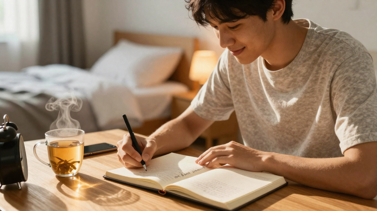 Jovem sentado a escrever num caderno, com chá quente e telemóvel numa mesa de madeira luminosa.