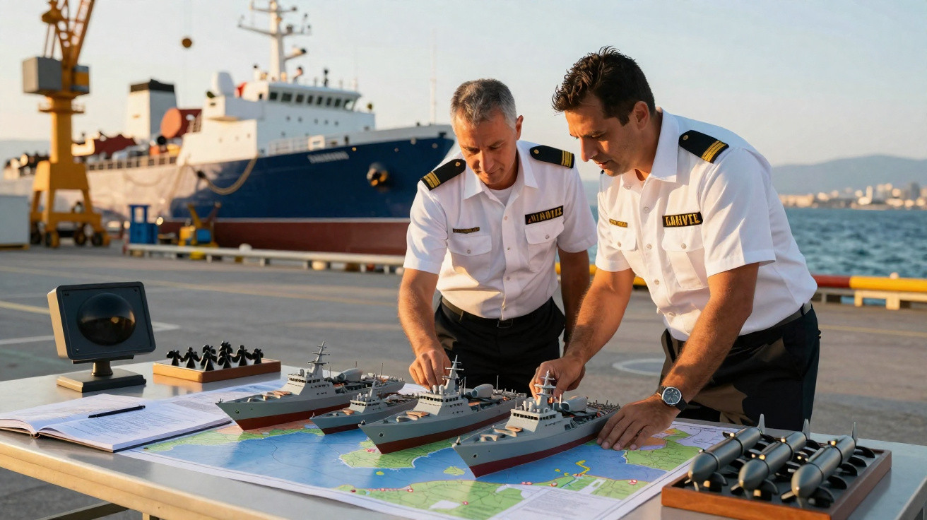 Dois oficiais navais planeiam estratégias com maquetes de navios e mapas junto ao mar, em ambiente portuário.