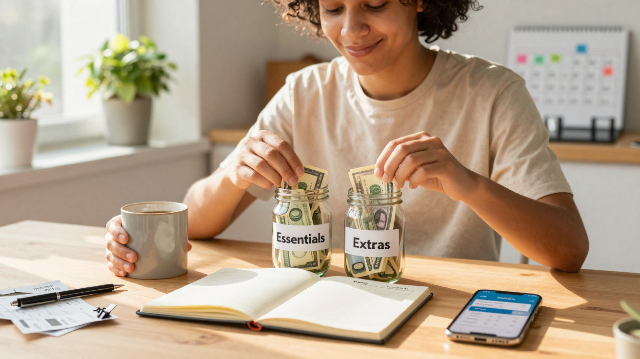 Pessoa a guardar dinheiro em frascos rotulados como "Essentials" e "Extras" numa mesa com caderno e telemóvel.