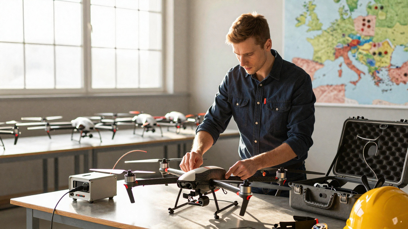 Homem a montar um drone num ambiente de trabalho com capacete amarelo e mapa da Europa ao fundo.