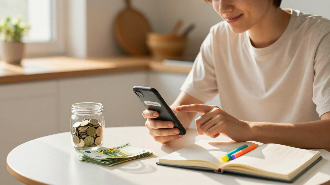 Pessoa a usar smartphone sentada numa mesa com notas, moedas num frasco e um caderno aberto.