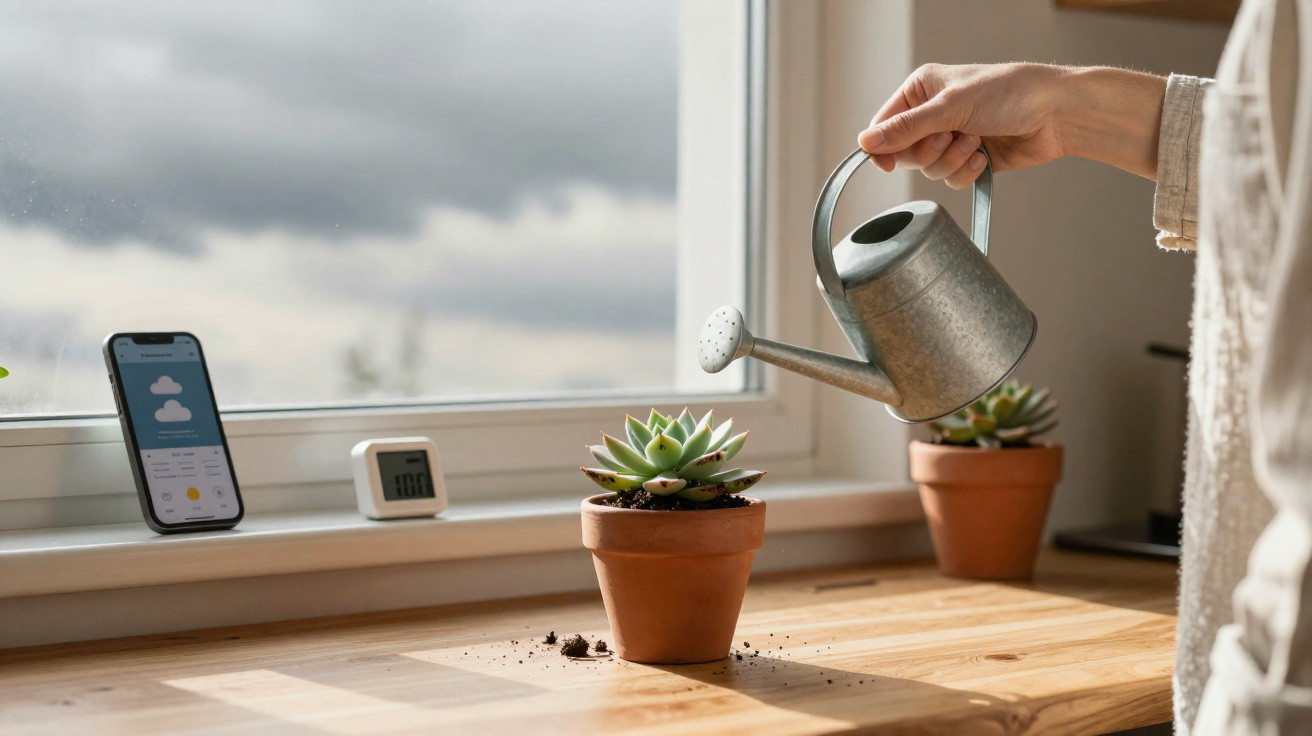 Pessoa a regar planta suculenta num vaso de barro junto a uma janela com previsão do tempo no telemóvel.