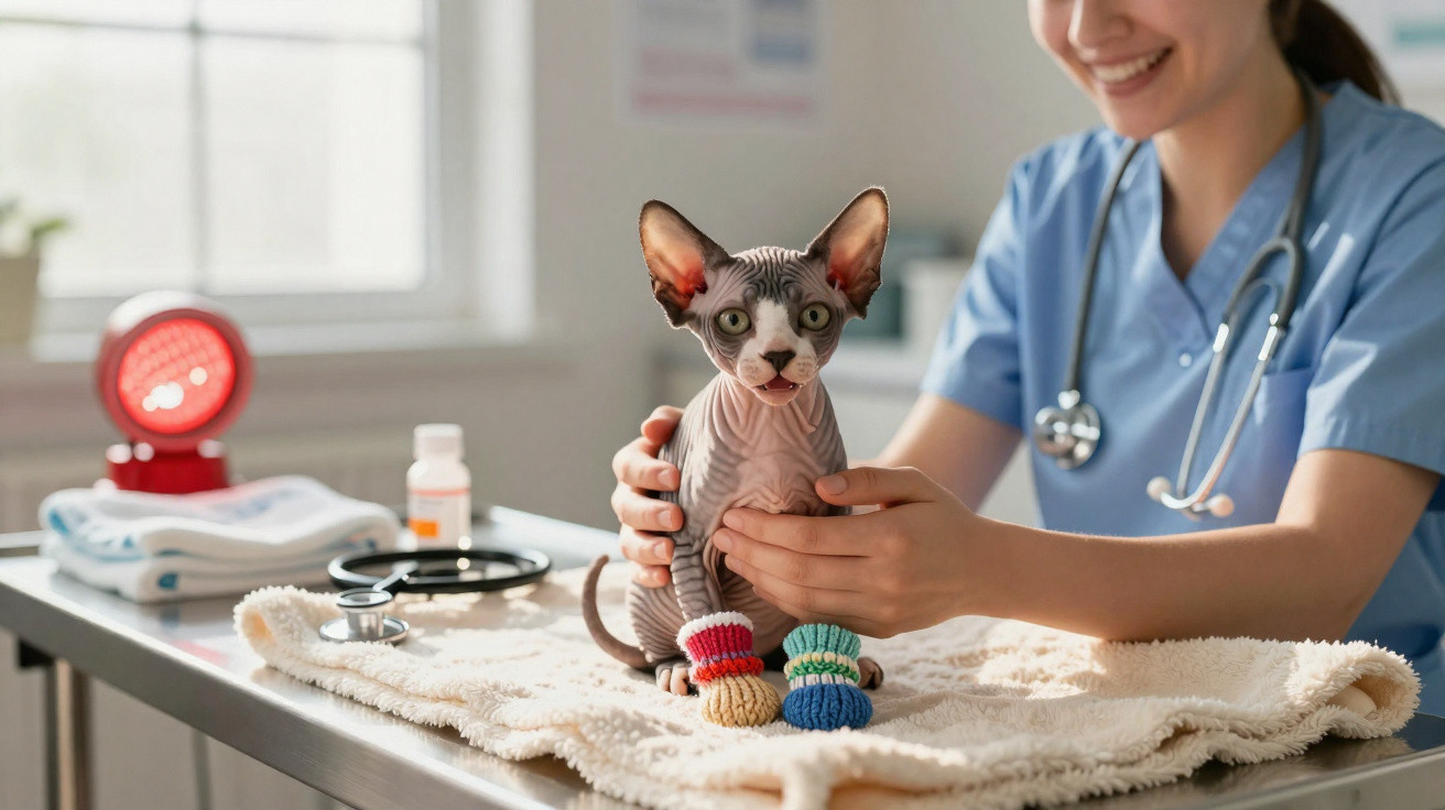 Veterinária a examinar gato Sphynx com botins coloridos numa clínica veterinária.