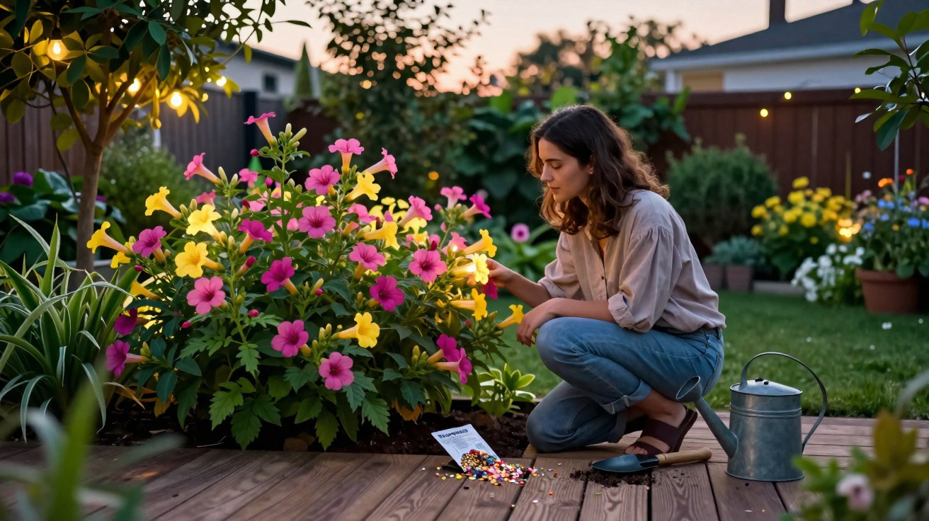 Mulher a cuidar de flores cor-de-rosa e amarelas num jardim ao entardecer com regador e ferramentas.