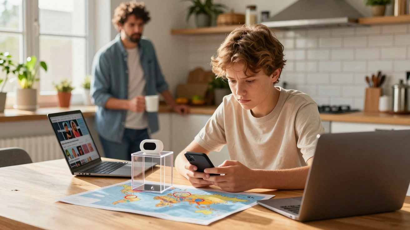 Rapaz com telemóvel e mapas à mesa, homem ao fundo numa cozinha moderna com laptop aberto.