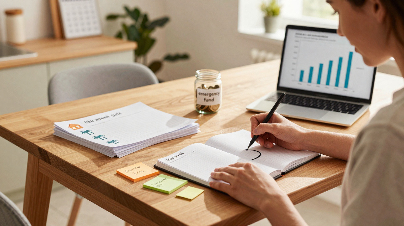 Pessoa a escrever num caderno numa mesa com notas, documentos e computador com gráfico financeiro aberto.