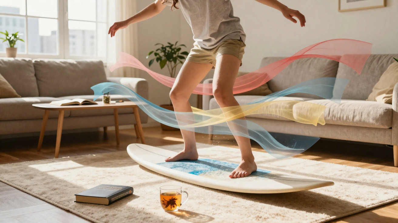 Pessoa em pé simulando surfar numa prancha de surf dentro de uma sala de estar iluminada.