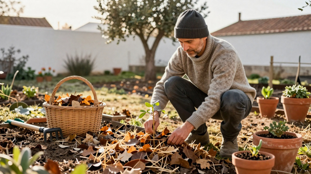Homem a cuidar de plantas num jardim com folhas secas e vasos de barro.