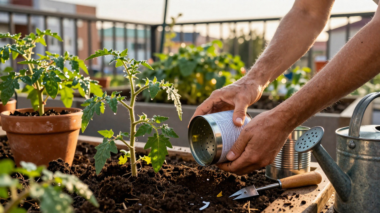 Pessoa a cuidar de planta de tomateiros numa horta urbana com regador e ferramentas.