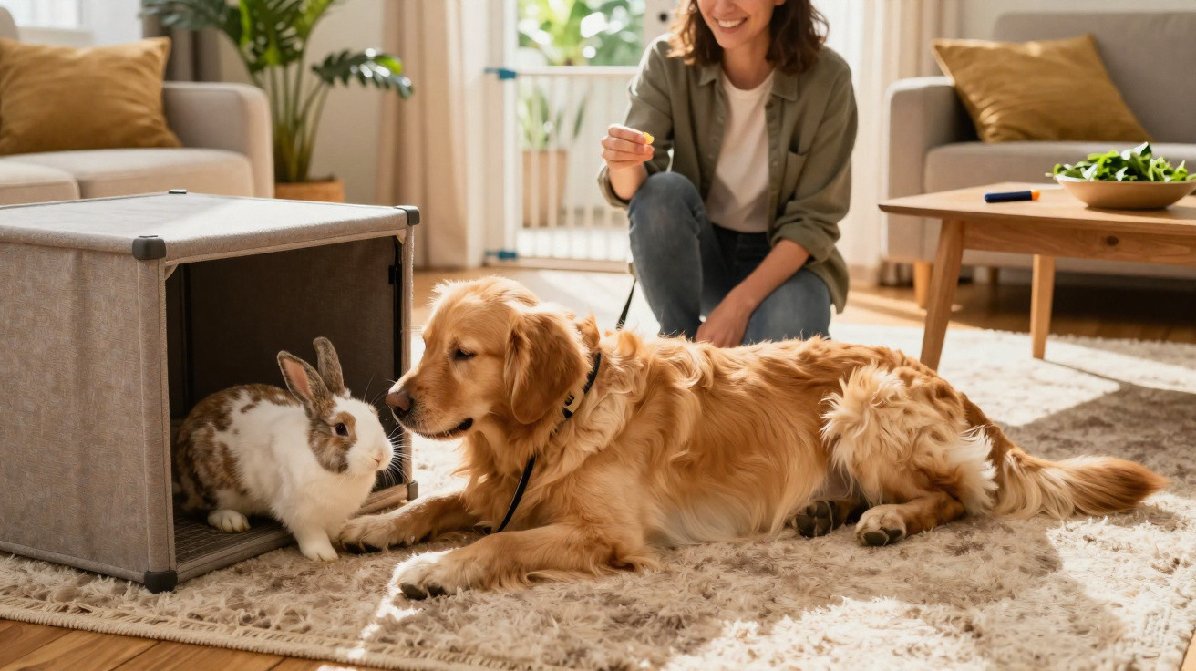Mulher sorridente com cão dourado deitado e coelho perto de uma caixa em sala acolhedora e luminosa.