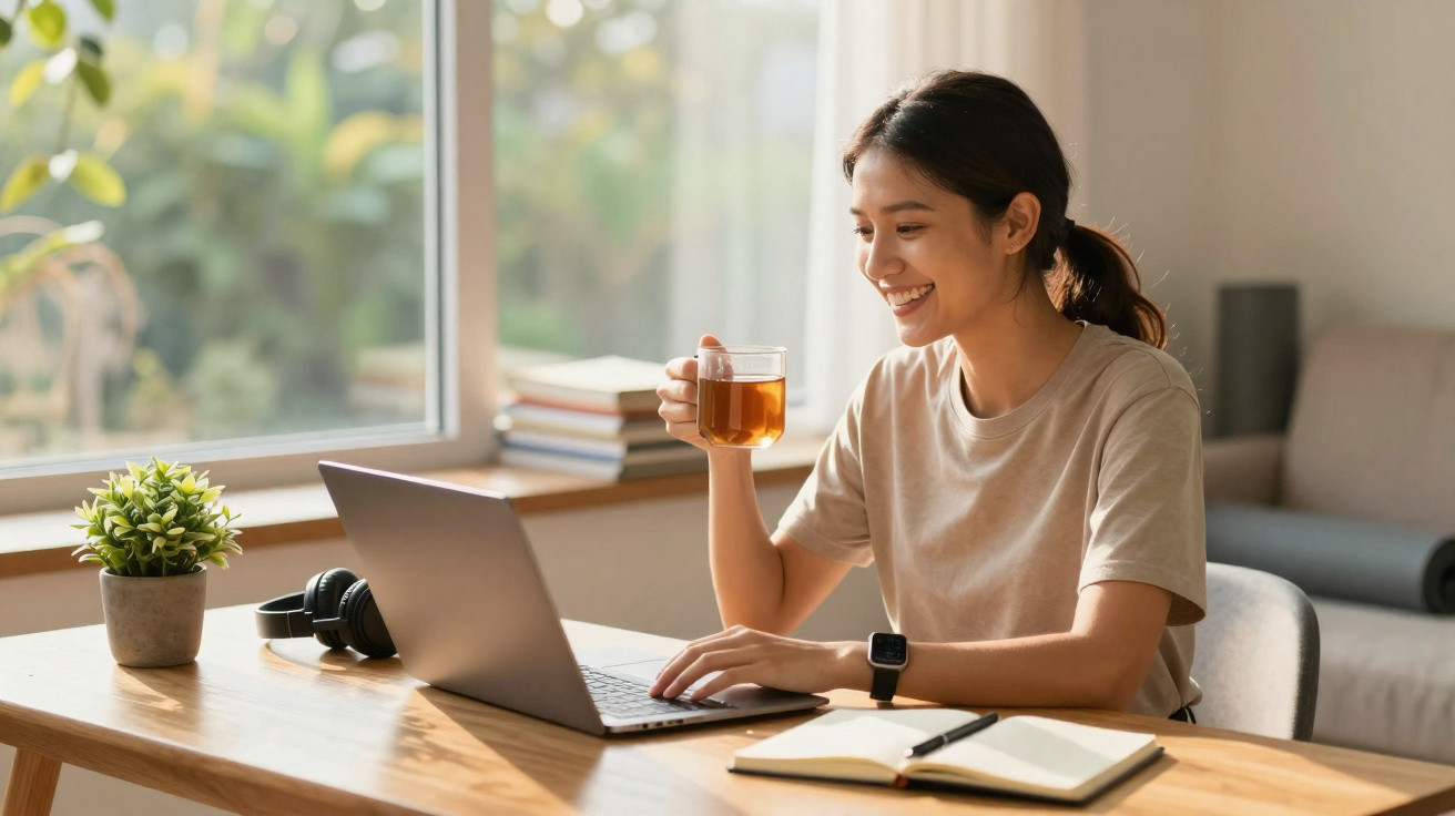 Mulher sorridente a trabalhar num portátil enquanto bebe chá, sentada numa mesa com caderno e planta.