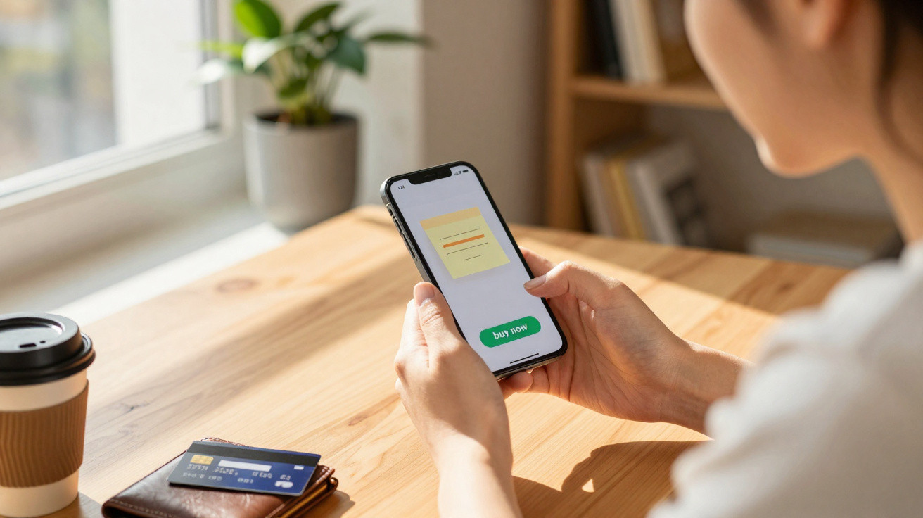 Pessoa a usar telemóvel para fazer compra online, com carteira, cartão e café numa mesa de madeira.