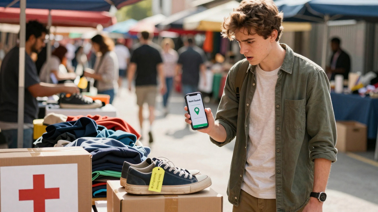 Jovem vê no telemóvel que perdeu uns ténis num mercado ao ar livre com várias bancas e pessoas.