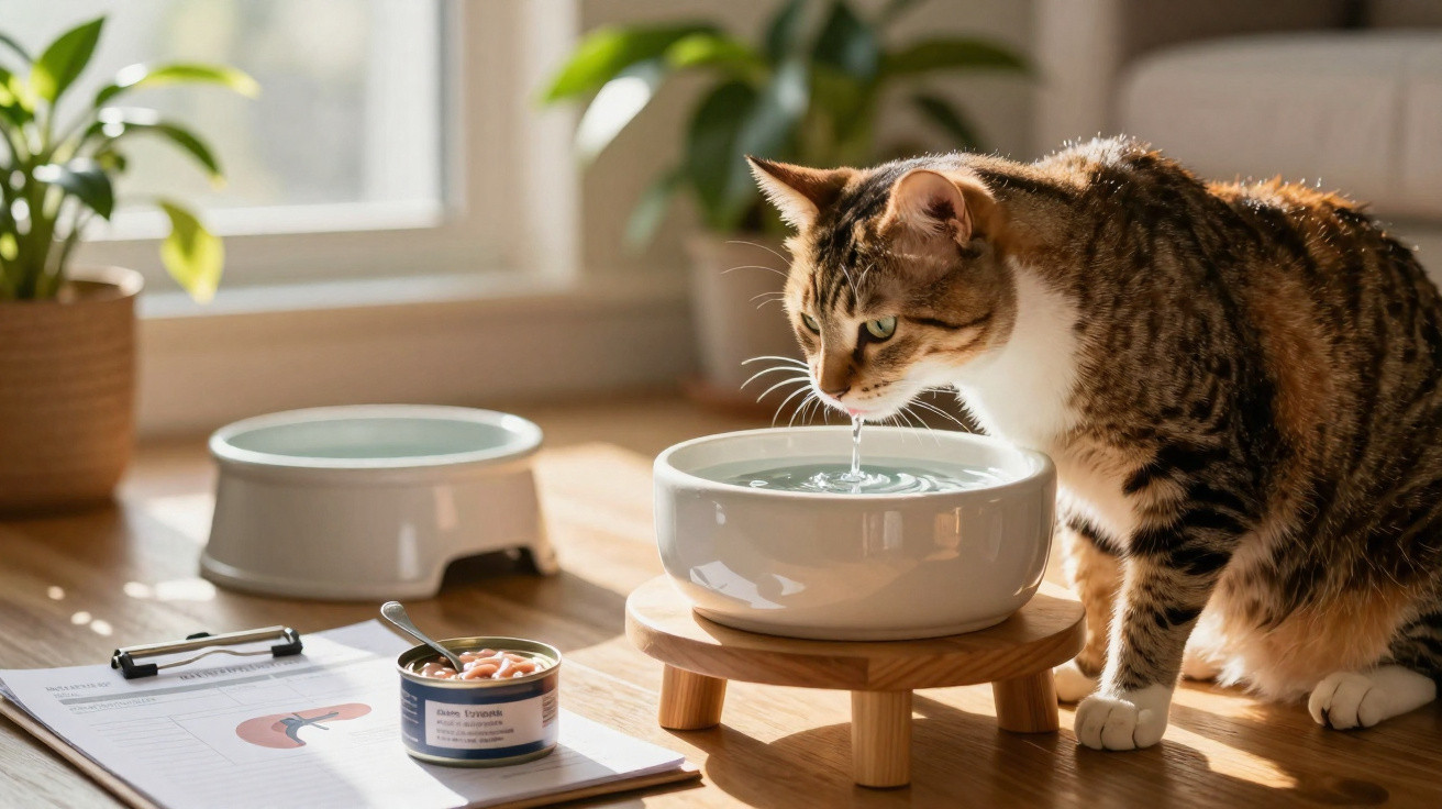 Gato tigrado a beber água de um bebedouro elevado dentro de casa, ao lado de comida para gato e plantas.