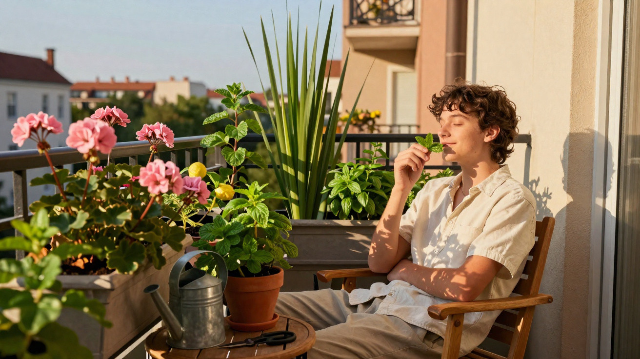 Jovem sentado numa varanda com plantas, a cheirar uma folha de erva aromática ao fim da tarde.