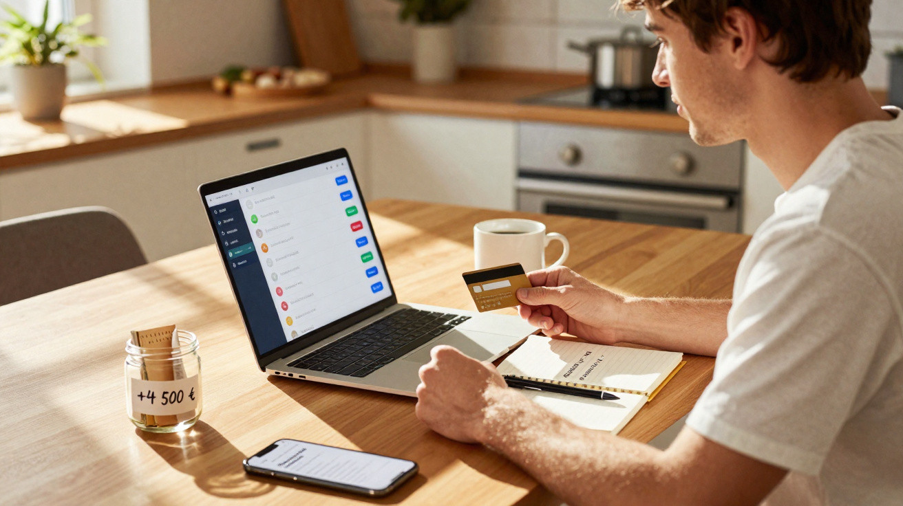 Homem a fazer compras online com cartão de crédito e computador numa mesa de madeira.